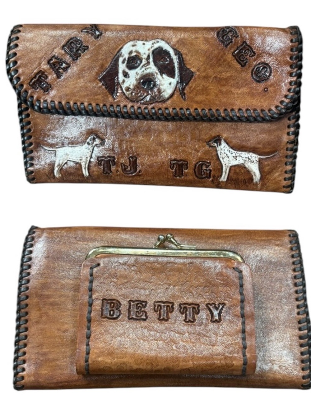 Vintage Tooled Leather Bifold Wallet Betty Dogs Kitschy Handcrafted OOAK
